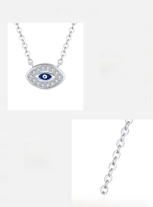 Detailed close-up of 925 sterling silver evil eye necklace with premium white zircon stones