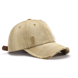 Distressed washed cotton khaki baseball cap for unisex in retro streetwear style