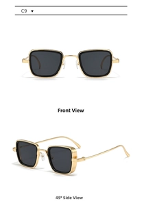 Front and 45-degree angle view of vintage square metal sunglasses with gold frames