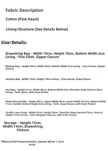 Detailed size guide for pink heart cotton tote bag, makeup pouch, and storage bag set