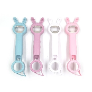 4-in-1 rabbit shaped bottle openers in blue, purple, white, and pink sets