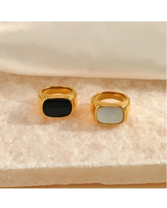 Detail of gold plated stainless steel rings featuring black and white rectangular inlays