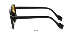 Side view of oversized black frame sunglasses with yellow lenses and sleek temples