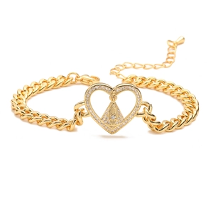 Gold-plated Cuban chain bracelet with zircon-studded heart pendant and religious icon