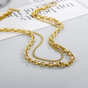 Double-layered gold punk style titanium steel necklace featuring chunky and thin link chains