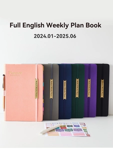 Multiple colors of 18-month academic planners with faux leather covers and gold metal tabs