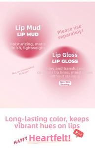 Dual-end lip product comparison showing matte lip mud and glossy lip tint texture details