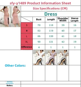 Detailed size guide for polka dot midi dress with lace split, showing S to XL measurements