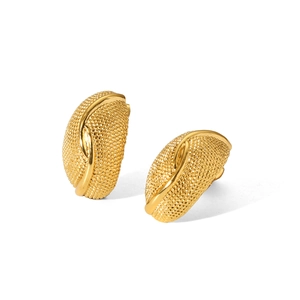 French vintage 18K gold stainless steel earrings with textured geometric arc design