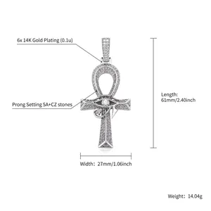Hiphop Eye of Horus Ankh cross pendant with 5A zircons and 14K white gold plating