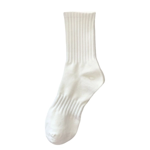White mid-calf cotton sports socks with vertical ribbed texture for men