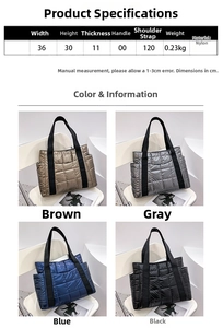 Quilted nylon tote bag showing brown, gray, blue and black color options and size details