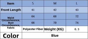 Size chart for blue knitted bow top including S, M, L measurements in centimeters