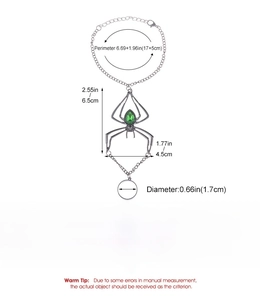 Detailed size specifications for silver spider ring with green drop gemstones in alloy