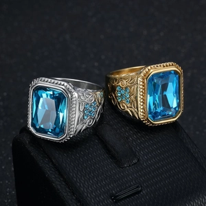 Bague Hip Hop Vintage Pour Hommes En Acier Inoxydable Pierre Gemme Rectangulaire Bleue Style Punk