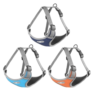 Breathable mesh dog harness set with reflective straps in blue and orange colors