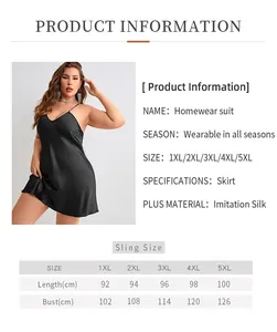 Tableau des tailles détaillé pour nuisettes en satin grandes tailles du 1XL au 5XL avec mesures