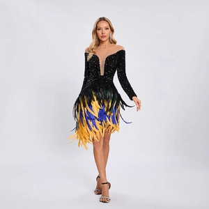 Elegant sequin patchwork feather dress with V-neck and long sleeves for formal events
