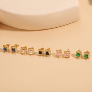 French style square zircon stud earrings in five colors with gold plated setting