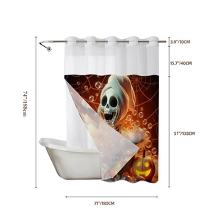 Tenda doccia Halloween con zucca e teschio, dimensioni dettagliate di 188x180 cm