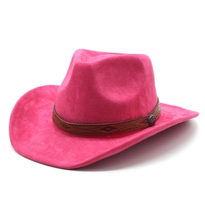 Detail of pink faux suede fedora hat featuring a brown carved band with a metal buckle