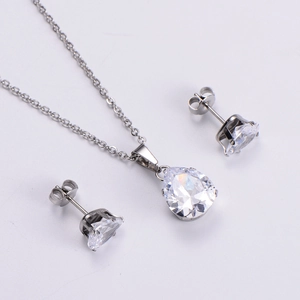 Elegant titanium steel jewelry set with pear-cut zircon pendant necklace and stud earrings
