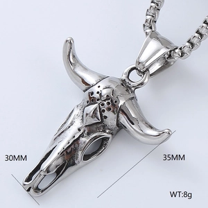 Silver stainless steel bull skull pendant necklace with wing details and dimensions