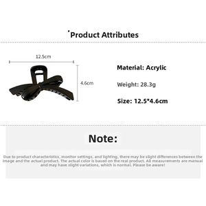 Detailed size chart for black bow hair claw clip made of durable acrylic material