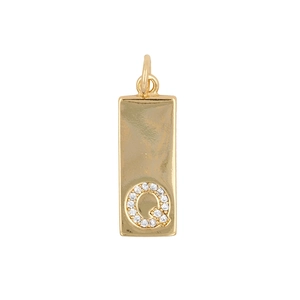 Detail of a rectangular gold pendant with letter Q set in cubic zirconia stones