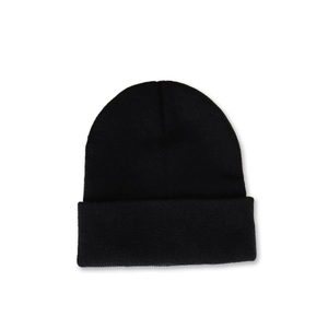 Close-up of black knitted beanie featuring thick ribbed texture and wide folded cuff