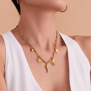 Elegant 18k gold plated stainless steel charm necklace with sun and heart pendants