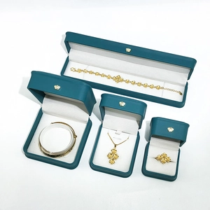 Dark green PU leather jewelry box set with gold crown logo including necklace and ring case