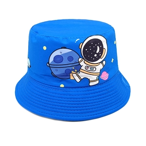 Detailed pattern of blue space bear bucket hat with astronaut and planet prints for kids