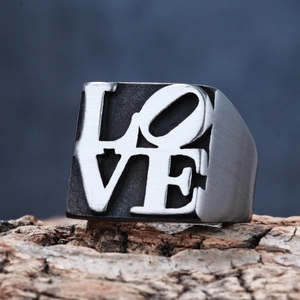 Stainless Steel LOVE Letter Ring Retro Punk Brushed Metal Square Signet Band For Men Women Unisex Hip Hop Jewelry