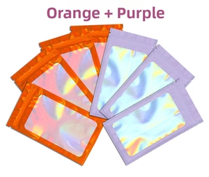 Detail view of orange and purple resealable laser bags with iridescent window for jewelry