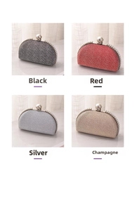 Glittering evening shell bag with pearl trim shown in black, red, silver, and champagne