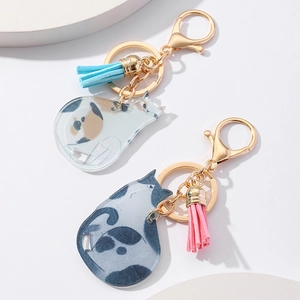 Detail view of cute acrylic cat keychains with colorful silk tassels and gold metal rings
