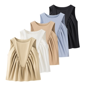 Women's crew neck sleeveless satin tank tops with pleated details in five colors