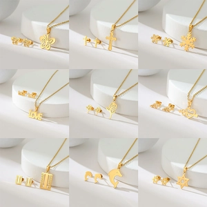 Elegant Gold Plated Stainless Steel Jewelry Including Necklace And Earrings For Women Featuring Hollow Out Geometric Pendants