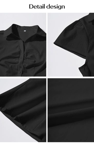 Détails d'une chemise noire avec col à revers, boutons et plis au niveau de la poitrine