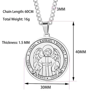 Titanstahl-Erzengel-Anhänger mit silberner Engelsflügel-Medaille und 60cm langer Panzerkette