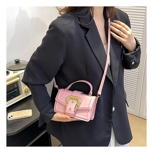 Detail of pink faux leather mini bag featuring a gold baroque lion head buckle
