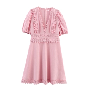 Pink V Neck Lace Patchwork Puff Short Sleeve Waist Tightening Elegant Mini Dress For Women Sweet Style