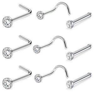 Stainless Steel Nose Studs With Round Clear Zircon Piercing Jewelry L-Shape Bone Screw Bar Elegant Accessory For Women