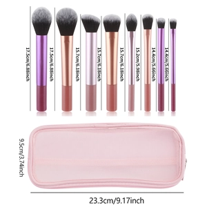 Set de 8 pinceaux de maquillage avec pochette en maille rose et dimensions détaillées