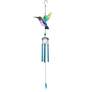 Colorful hummingbird wind chime with blue aluminum tubes and painted glass for garden decor
