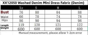 Size chart showing bust, waist, and hip measurements for washed denim midi dress