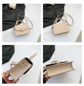 Detailed multi-angle views of a beige crossbody bag with gold hardware and PU leather texture