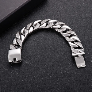 Bracelet gourmette cubaine argenté pour homme avec zircons blancs et coffret cadeau noir