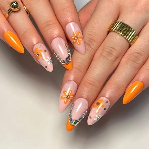Faux Ongles French Orange Amande Avec Strass Fleurs Marguerite En Résine Artificielle Pour Femmes Élégant